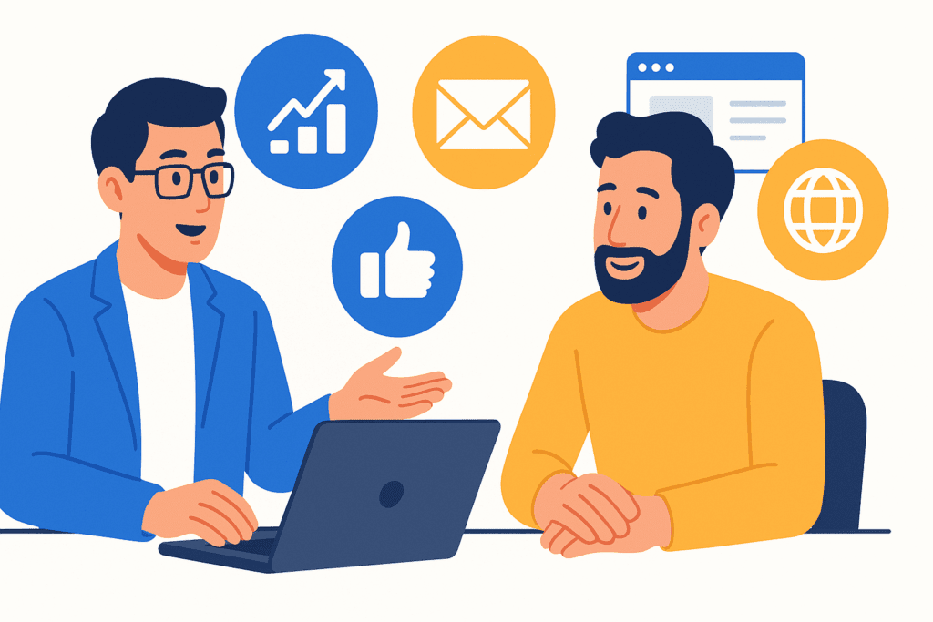 Consulente digital marketing che affianca il titolare di una PMI nella scelta della strategia online
