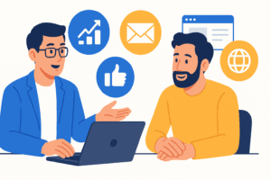 Consulente digital marketing che affianca il titolare di una PMI nella scelta della strategia online